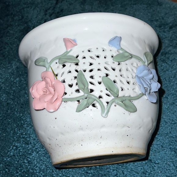 Vintage White Ceramic Large Planter Pink & Blue 3D Floral Design Orchid Planter - Picture 5 of 11